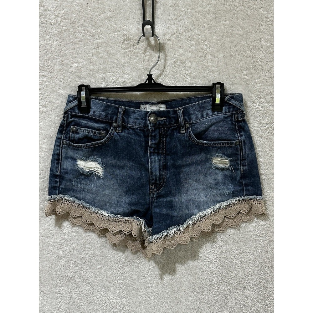 Free‎ People Womens Denim Shorts Lace Trim Size 26 Boho Festival Concert